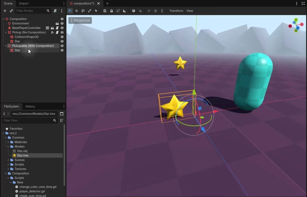 Godot Scene dock showing a new Pickupable (With Composition) Node3D with a Star mesh child, alongside the 3D viewport where the star model has been placed.