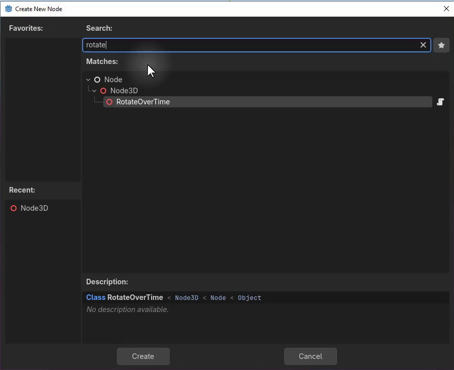 Godot Create New Node dialog with rotate typed into the search field and RotateOverTime appearing as a matching custom node class.