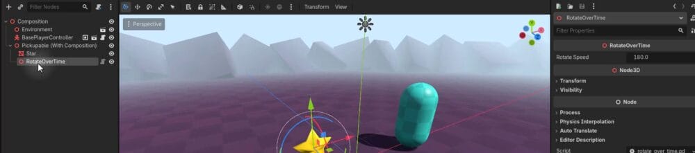 Godot editor with the RotateOverTime child node selected under Pickupable (With Composition), and the Inspector showing the exported Rotate Speed property set to 180.