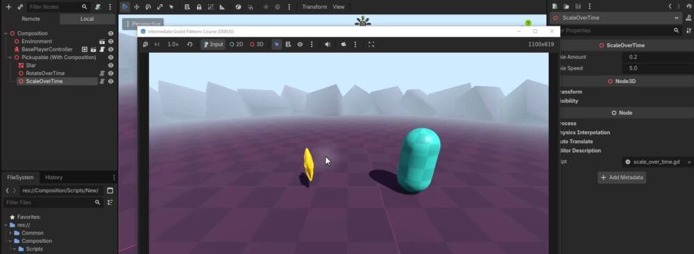 Godot editor showing the running game with a rotating, scaling star alongside the scene tree that lists RotateOverTime and ScaleOverTime as child nodes of the pickupable, and the Inspector showing the ScaleOverTime properties.