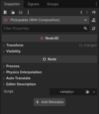 Godot Inspector panel showing the ChangeColorOverTime node with a Gradient resource assigned to the Color Range property and a color change rate set for the component.