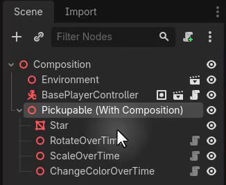 Godot Scene dock showing the pickupable node with its composed children: Star, RotateOverTime, ScaleOverTime, ChangeColorOverTime, and PlayerDetector with a CollisionShape3D.