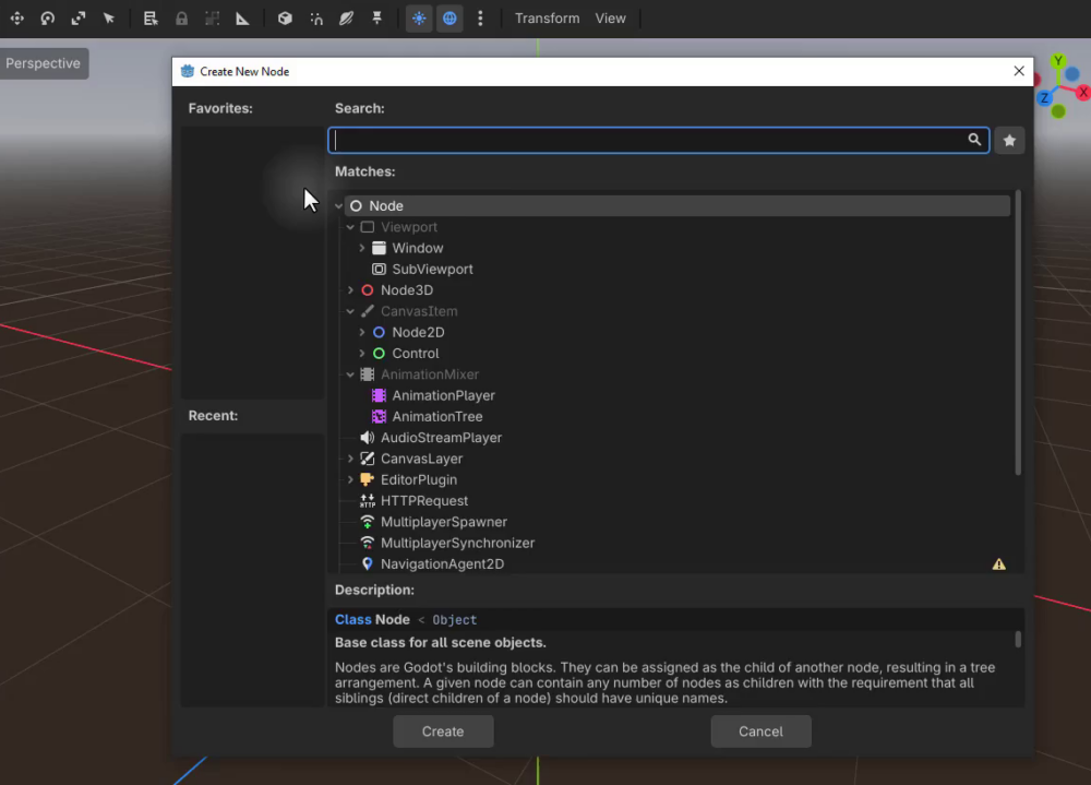 How to Build a Godot Input Buffer for a Fighting Game 4 Godot Create New Node dialog open for selecting the root node type of a new scene.