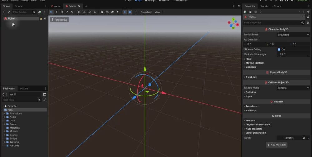 How to Build a Godot Input Buffer for a Fighting Game 5 Godot editor showing the Fighter CharacterBody3D node as the root of the newly saved fighter.tscn scene.