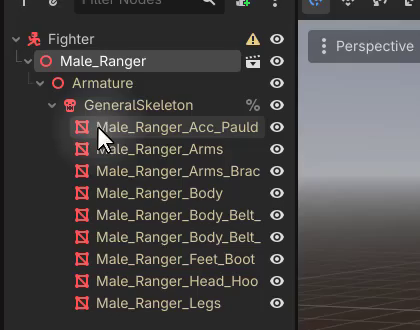 How to Build a Godot Input Buffer for a Fighting Game 7 Scene tree showing the Male Ranger node expanded after enabling Editable Children, exposing the Armature and GeneralSkeleton child nodes.
