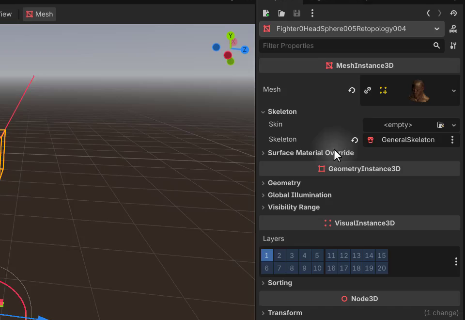 How to Build a Godot Input Buffer for a Fighting Game 8 Inspector panel showing the head MeshInstance3D with its Skeleton property bound to GeneralSkeleton so the head follows the character rig.