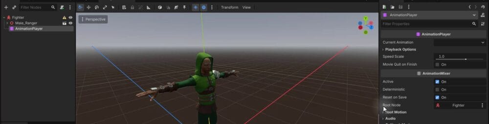How to Build a Godot Input Buffer for a Fighting Game 9 AnimationPlayer node added under the Fighter scene, with its Root Node property being configured in the Inspector.