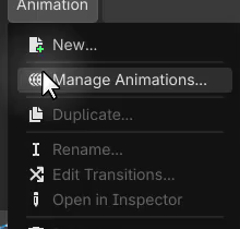 How to Build a Godot Input Buffer for a Fighting Game 10 Animation panel context menu in the Godot editor with the Manage Animations option highlighted, used to open the animation library editor.