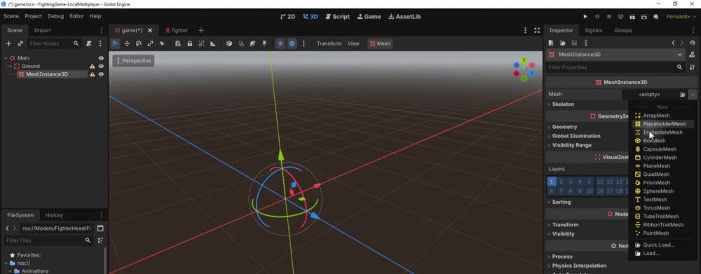 How to Build a Godot Input Buffer for a Fighting Game 15 Godot Inspector mesh dropdown opened to select BoxMesh for the ground MeshInstance3D.