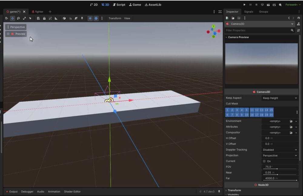 How to Build a Godot Input Buffer for a Fighting Game 16 Godot 3D viewport showing the ground plane and a Camera3D gizmo, with the Camera3D properties visible in the Inspector.