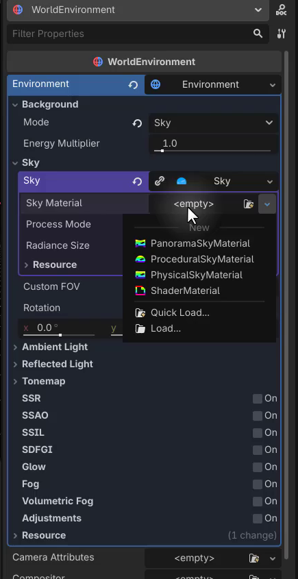 How to Build a Godot Input Buffer for a Fighting Game 19 Godot Inspector showing the WorldEnvironment sky settings with the Sky Material dropdown open on ProceduralSkyMaterial.
