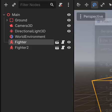 How to Build a Godot Input Buffer for a Fighting Game 22 Godot Scene tree showing the Main node with Ground, Camera3D, DirectionalLight3D, WorldEnvironment, Fighter, and Fighter2 children.