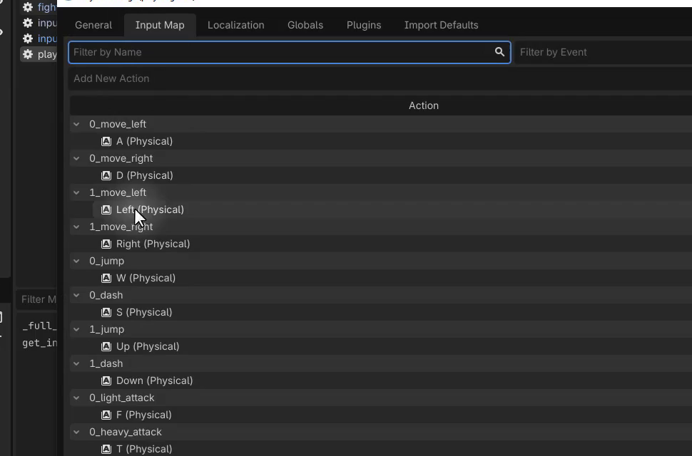 How to Build a Godot Input Buffer for a Fighting Game 24 Godot Project Settings Input Map showing player-specific action names like 0_move_left and 1_move_left mapped to keyboard keys