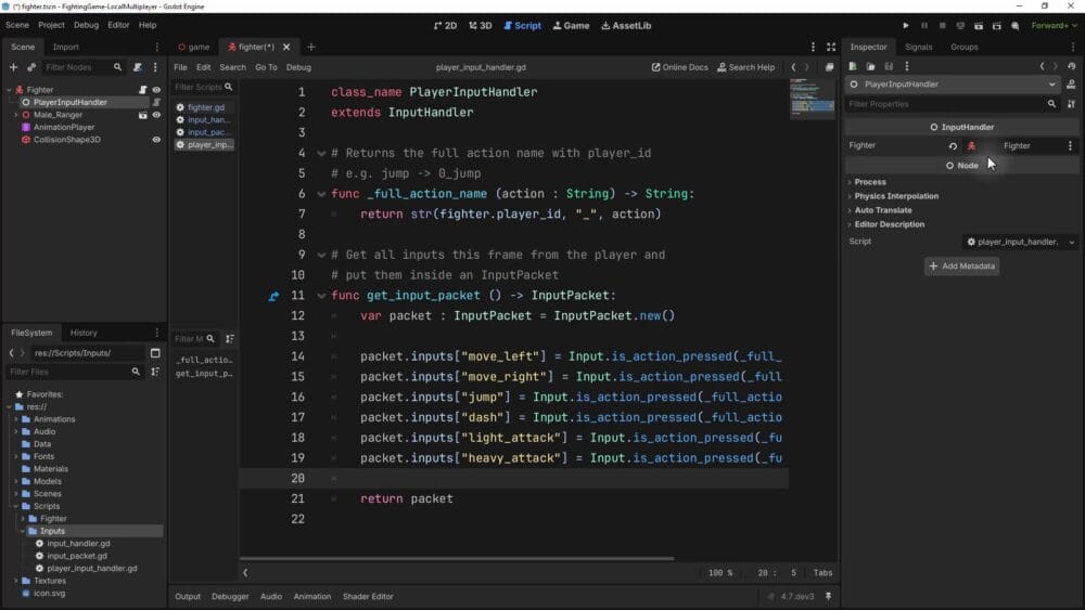 How to Build a Godot Input Buffer for a Fighting Game 25 Godot editor showing the PlayerInputHandler node with its Fighter property being assigned in the Inspector panel