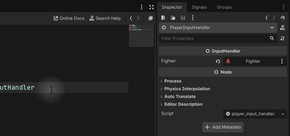 How to Build a Godot Input Buffer for a Fighting Game 26 Godot Inspector panel showing the Fighter node with input_handler property assigned to PlayerInputHandler