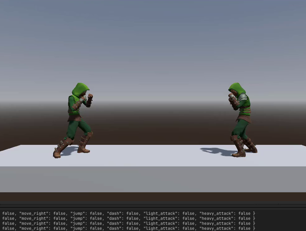 How to Build a Godot Input Buffer for a Fighting Game 27 Godot game running with two fighter characters on a platform and the output console displaying input state dictionaries for debugging