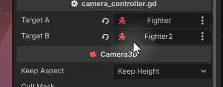 Godot Inspector panel showing Target A assigned to Fighter and Target B assigned to Fighter2 on the Camera3D node.
