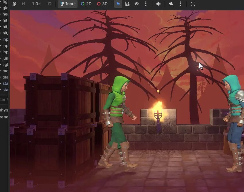 The fighting game running with two fighters facing each other on a stone platform, the camera centered between them.