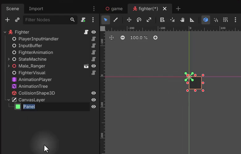 Godot editor showing the fighter scene tree with a CanvasLayer and Hud Panel node, and the 2D viewport displaying the panel element.