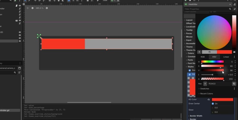 Godot editor showing the HealthBar ProgressBar with a red fill color and dark gray background, with the color picker open in the Inspector.