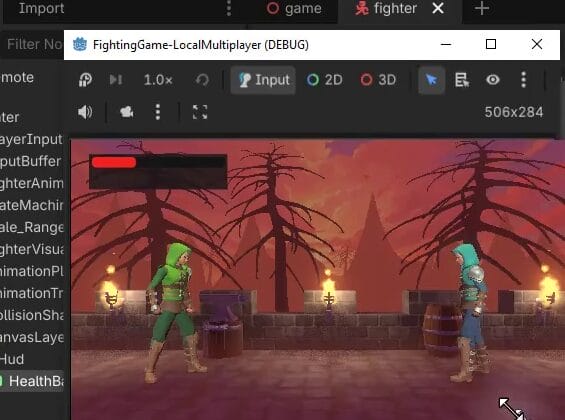 The fighting game running in debug mode with two fighter characters on stage and the red health bar displayed in the top-left corner.