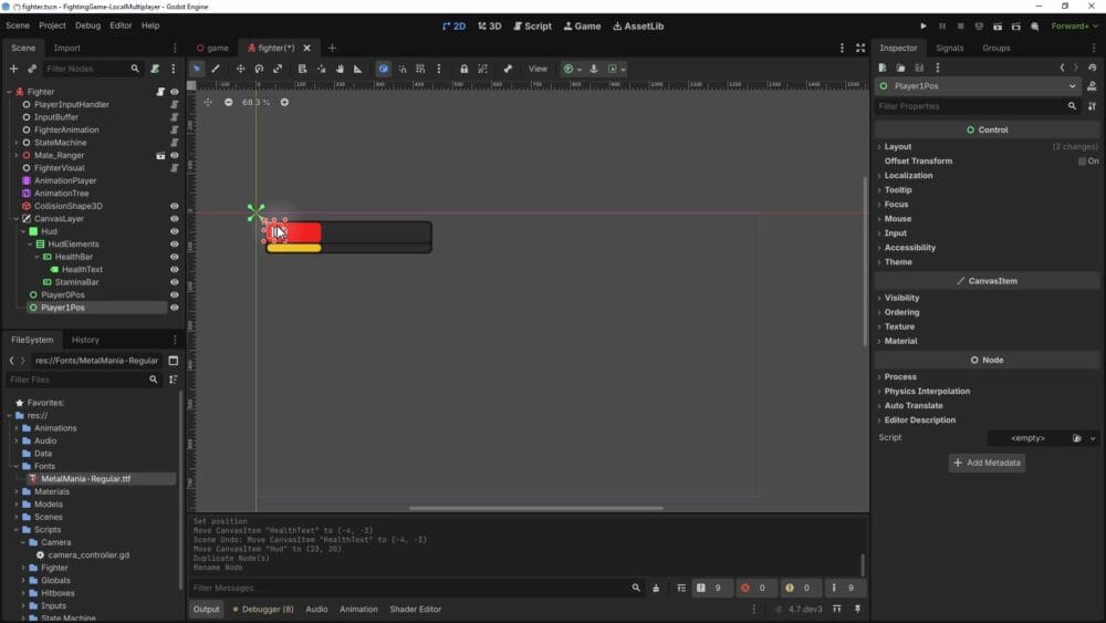 Godot editor showing Player0Pos and Player1Pos Control nodes in the scene tree, with the Inspector displaying Player1Pos positioned at (839, 25) with Top Right anchoring.