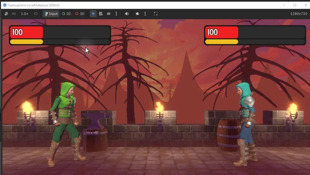 Two fighters facing each other in a stone arena with HUD panels positioned on the left and right sides of the screen for Player 1 and Player 2.