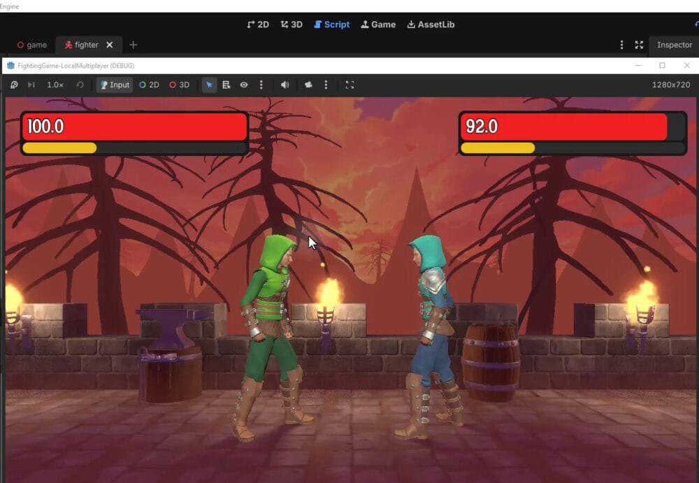 Two fighters in combat with health bars displaying decimal values of 100.0 and 92.0, showing the issue before converting to whole numbers.