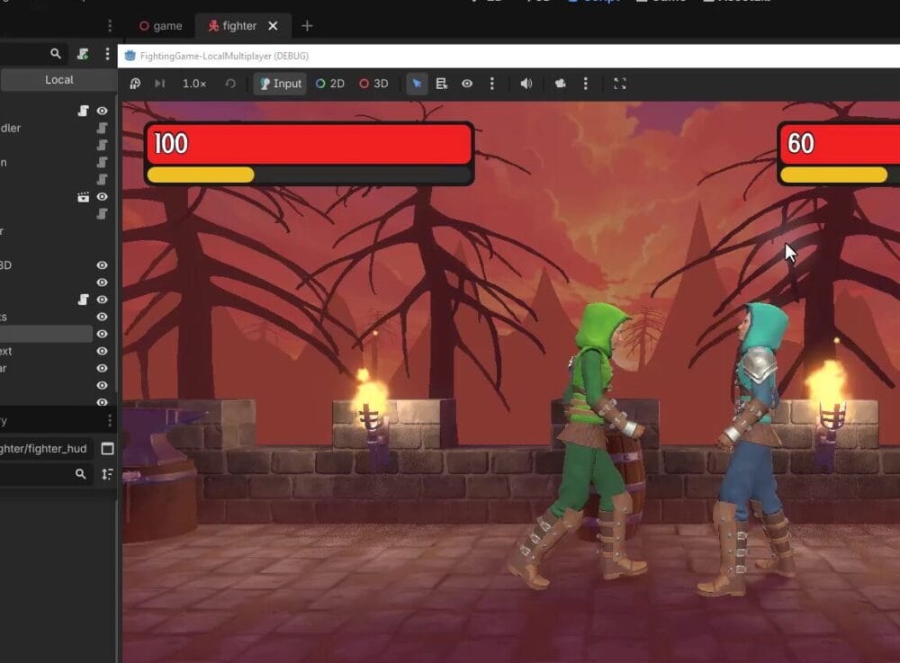 Two fighters in combat with health bars displaying whole number values of 100 and 60 after applying the int() conversion fix.