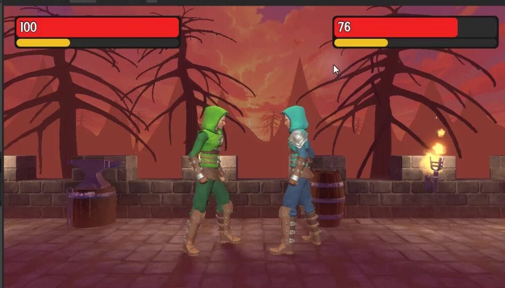 Two 3D fighter characters facing each other on a stone arena with health bars displayed at the top of the screen.