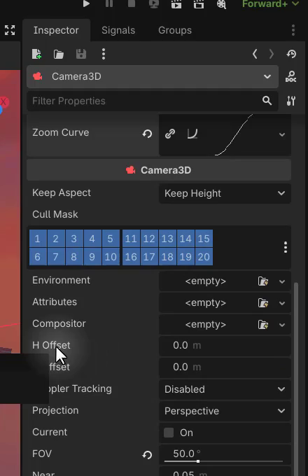 Godot Inspector panel showing Camera3D node properties including H Offset and V Offset fields set to 0.0.