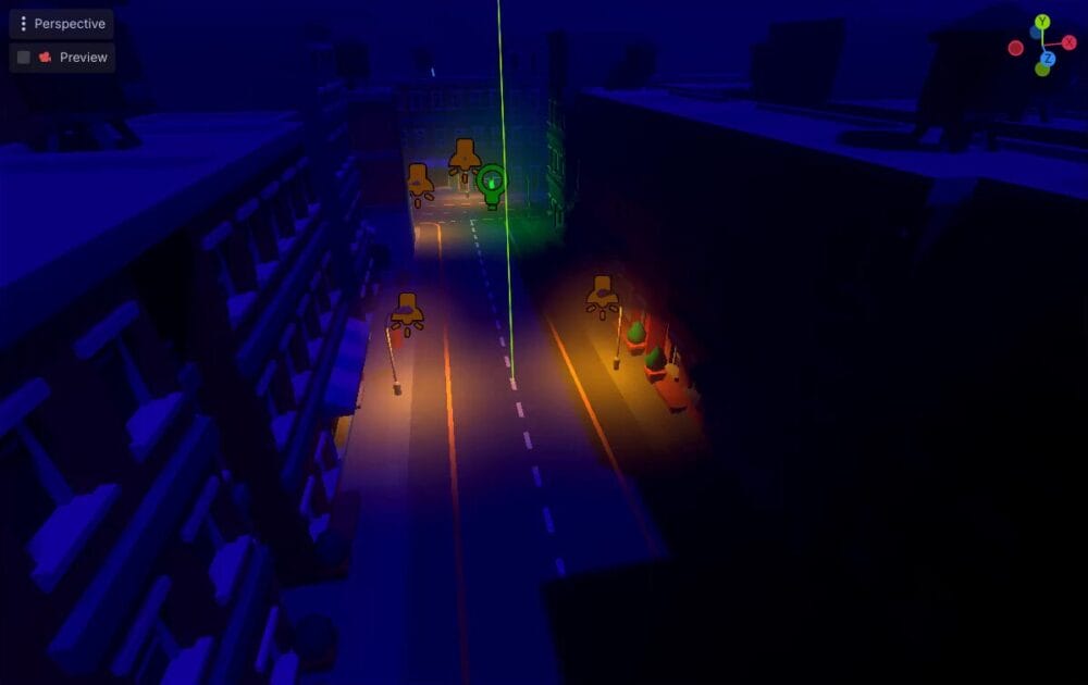 How to Build a Godot Cinematic Camera for 3D Cutscenes 4 Godot 3D viewport showing the camera frustum pointed at a streetlight in the night scene, illustrating the track target in action.