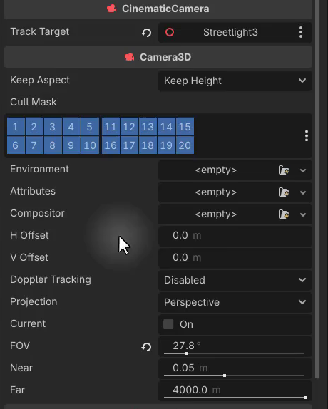 How to Build a Godot Cinematic Camera for 3D Cutscenes 5 Godot Inspector panel showing the CinematicCamera with Track Target set to Streetlight3 and the H Offset and V Offset properties under Camera3D.