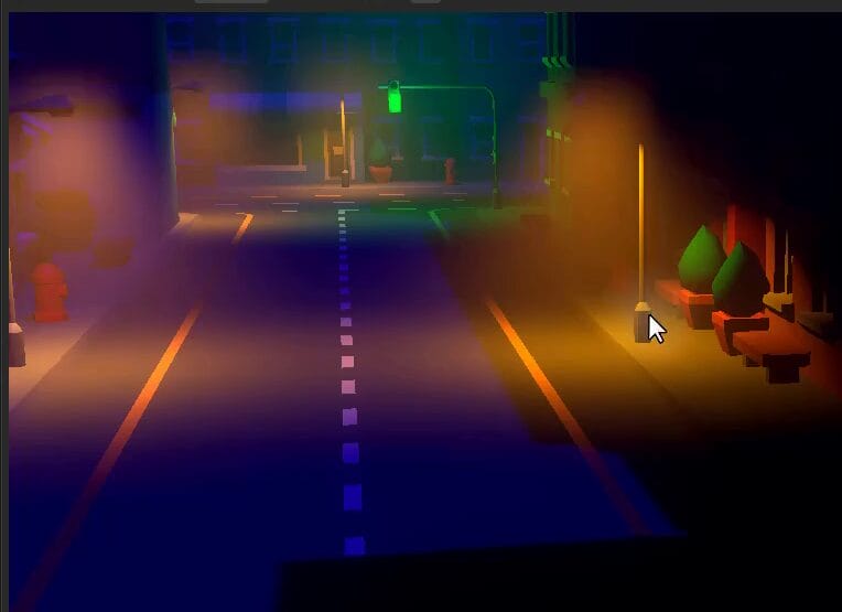 How to Build a Godot Cinematic Camera for 3D Cutscenes 7 Godot game preview running the scene with the handheld effect enabled, showing the orange-lit street as the camera shakes.