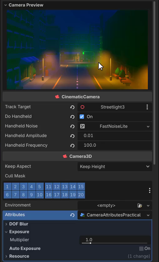 How to Build a Godot Cinematic Camera for 3D Cutscenes 9 Godot Inspector showing the CameraAttributesPractical resource with the Exposure section expanded, alongside the Camera Preview enabled in the 3D viewport.