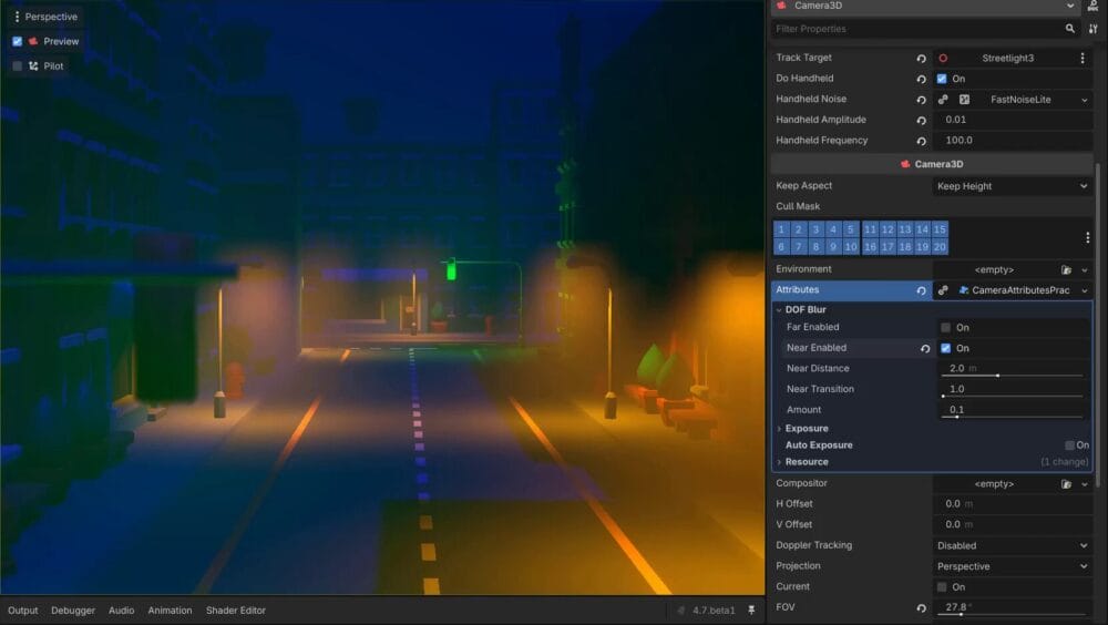 How to Build a Godot Cinematic Camera for 3D Cutscenes 10 Camera preview with the foreground traffic light blurred out after enabling Near depth of field blur in the Inspector.