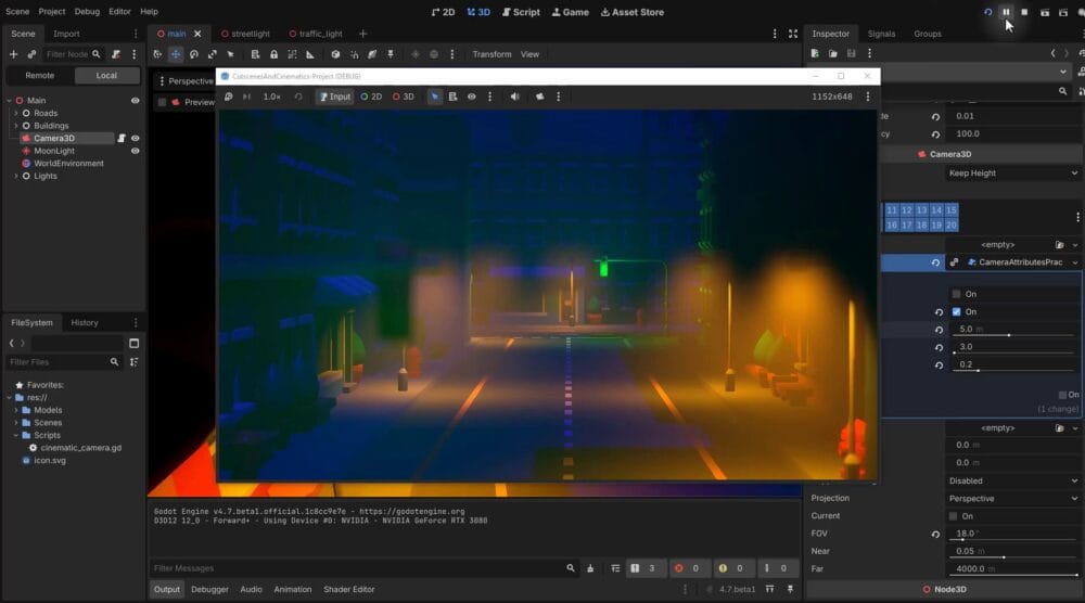 How to Build a Godot Cinematic Camera for 3D Cutscenes 12 Godot editor with a single Camera3D selected and a camera preview of the nighttime street scene visible in the 3D viewport.