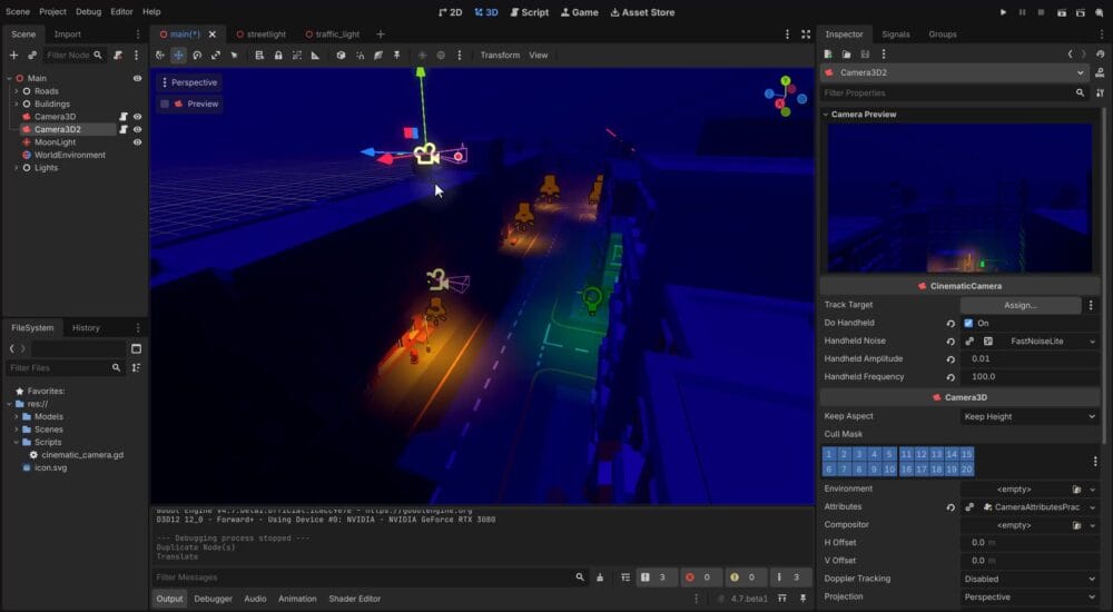 How to Build a Godot Cinematic Camera for 3D Cutscenes 13 Godot editor showing a second Camera3D placed in the scene with its gizmo visible and CinematicCamera properties open in the Inspector.