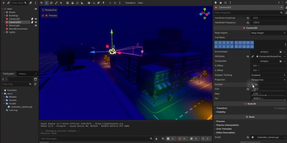 How to Build a Godot Cinematic Camera for 3D Cutscenes 14 Godot Inspector panel with the Camera3D Current property toggle switched on, marking the selected camera as the active one.