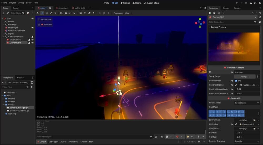 How to Build a Godot Cinematic Camera for 3D Cutscenes 15 Godot editor with the tracking CinematicCamera positioned in the scene and its camera preview visible in the Inspector on the right.