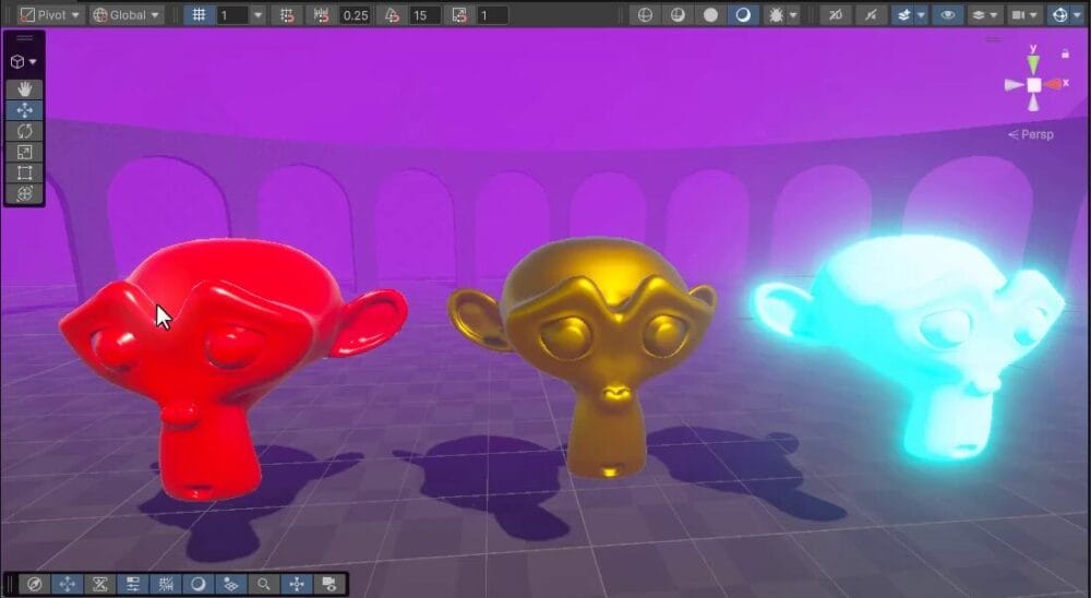 How to Use Godot Materials and Set Up 3D Environments 4 Unity Scene view with three monkey models showing a glossy red, a metallic gold, and a glowing cyan emissive material.