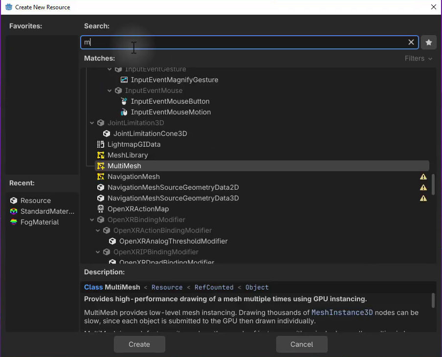 How to Use Godot Materials and Set Up 3D Environments 5 Godot Create New Resource dialog with the resource type list and a search field used to choose StandardMaterial3D.
