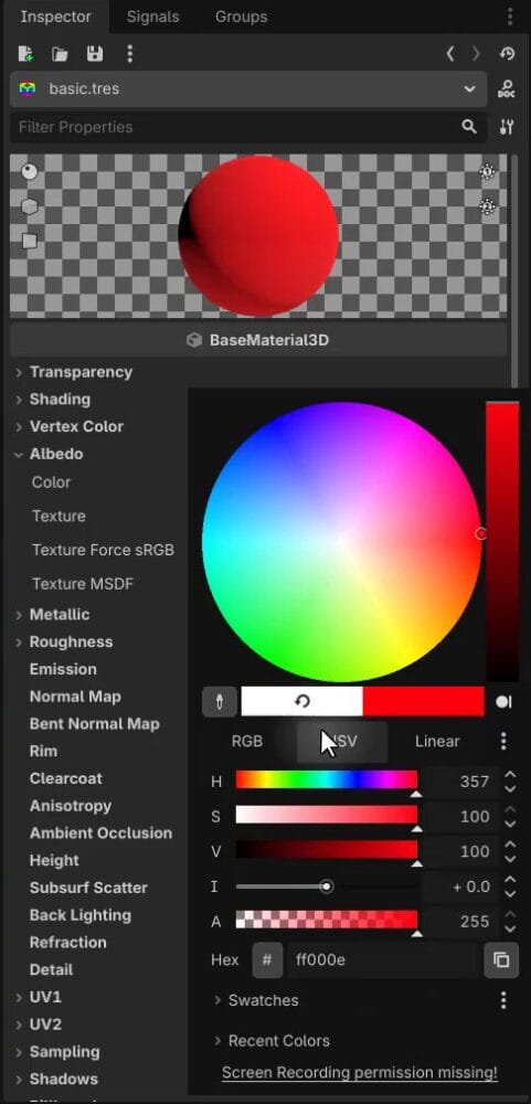 How to Use Godot Materials and Set Up 3D Environments 6 Godot Inspector with the Albedo section expanded, showing the color picker set to a red color.