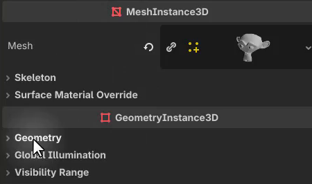 How to Use Godot Materials and Set Up 3D Environments 7 Godot MeshInstance3D Inspector with the Geometry section showing the Material Override slot.