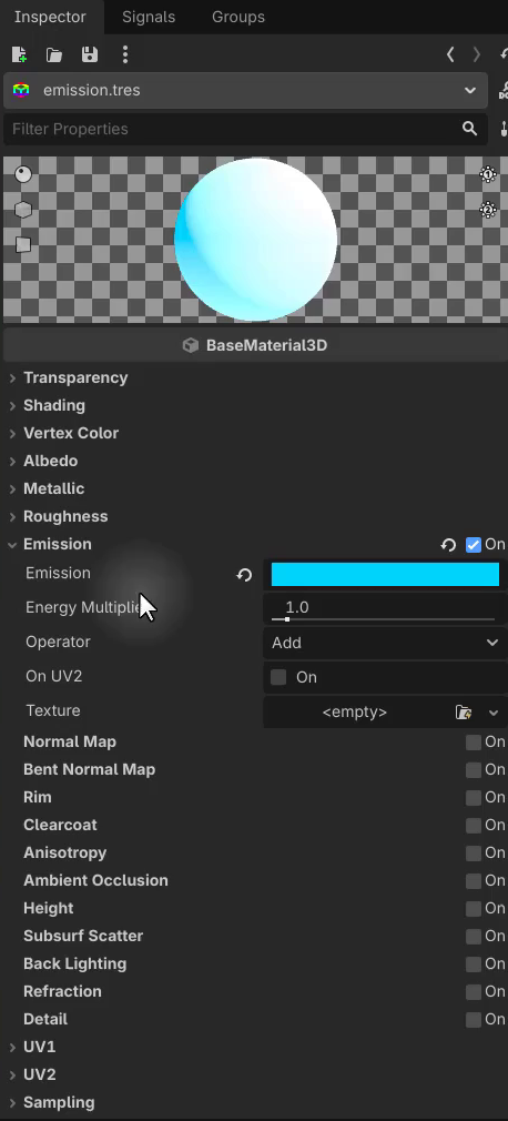 How to Use Godot Materials and Set Up 3D Environments 9 Godot Inspector with the Emission section enabled and an emission color set on the material.