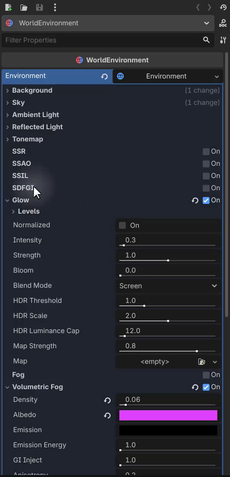 How to Use Godot Materials and Set Up 3D Environments 10 Godot Inspector showing the Environment resource property list with the Glow section that enables the glow effect.