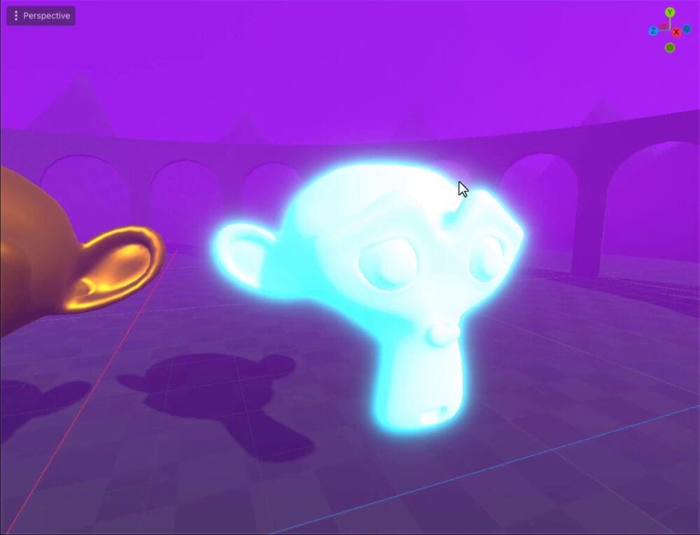 How to Use Godot Materials and Set Up 3D Environments 11 Godot 3D viewport with a brightly glowing cyan emissive monkey mesh after enabling emission energy and world glow.