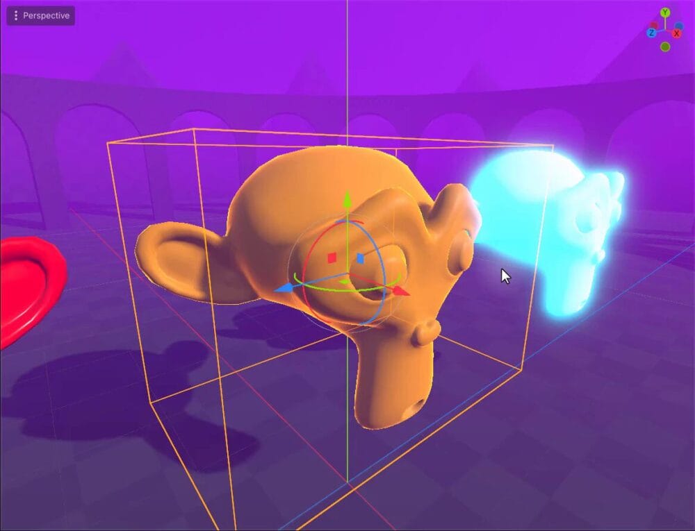 How to Use Godot Materials and Set Up 3D Environments 13 Godot 3D viewport with a monkey mesh showing an orange rim-light outline along its edges after enabling Rim.
