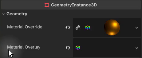How to Use Godot Materials and Set Up 3D Environments 14 Godot MeshInstance3D Inspector Geometry section showing both the Material Override and Material Overlay slots.