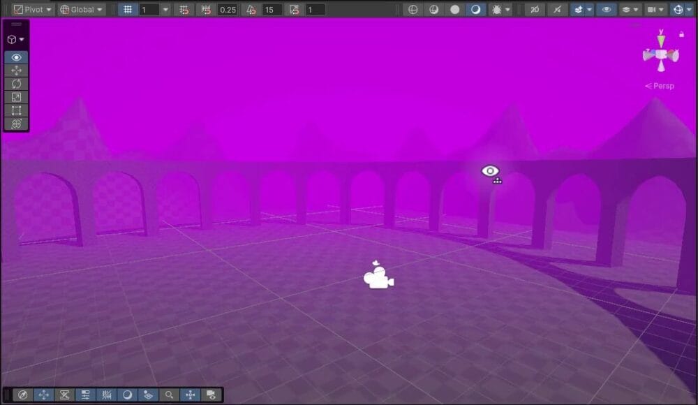 How to Use Godot Materials and Set Up 3D Environments 15 A Unity Scene view showing a stone archway environment tinted with magenta fog.